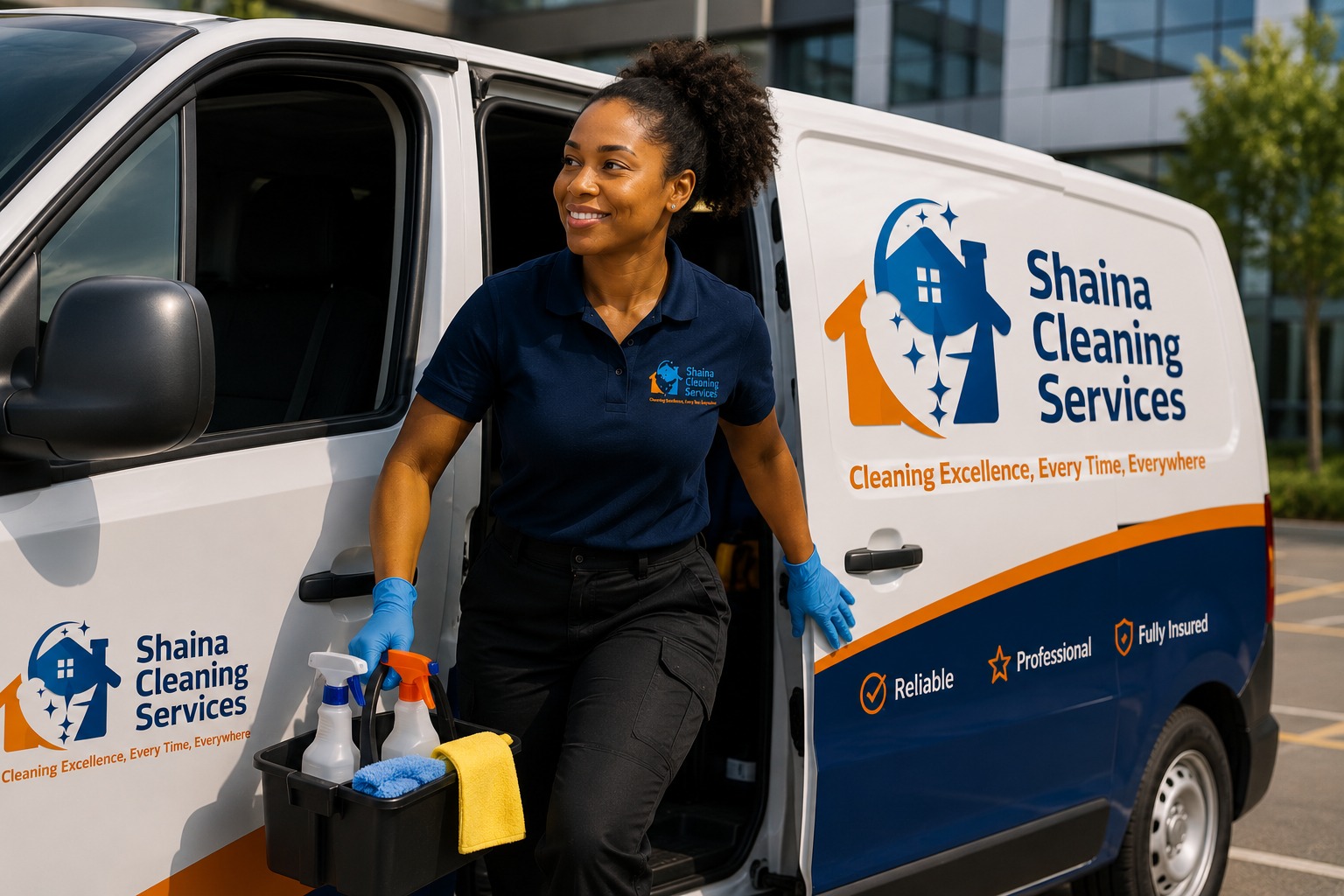 Shaina Cleaning Services operative stepping out of a branded van with cleaning supplies